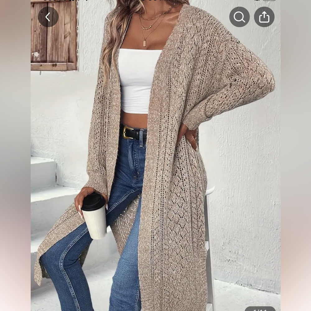 Beige long sleeve cardigan with slits
